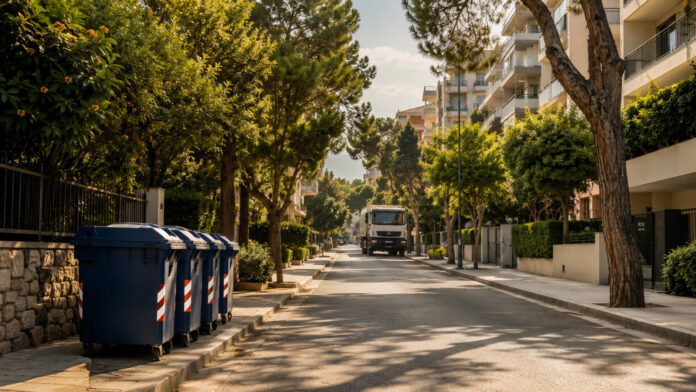 Καθαρός δρόμος με κλειστούς κάδους απορριμμάτων στο Ηράκλειο Αττικής