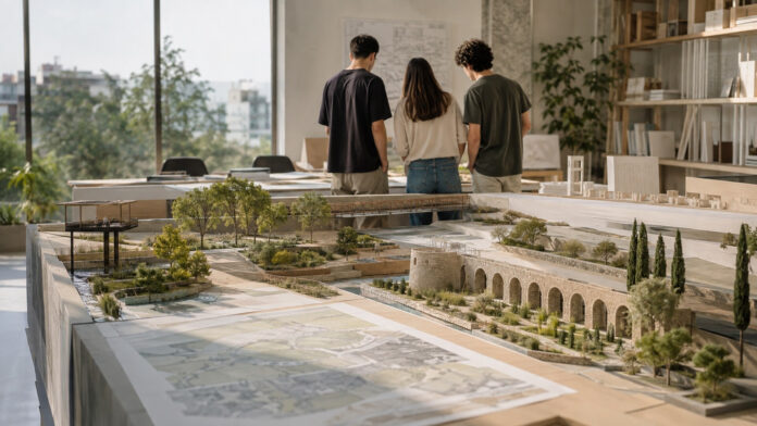 Φοιτητές αρχιτεκτονικής μελετούν μακέτα βιώσιμων δημόσιων χώρων