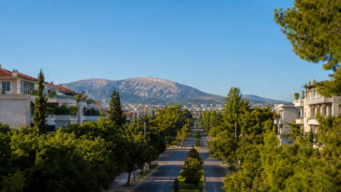Ηλιόλουστη θέα των καταπράσινων βορείων προαστίων της Αττικής με την Πεντέλη στο βάθος
