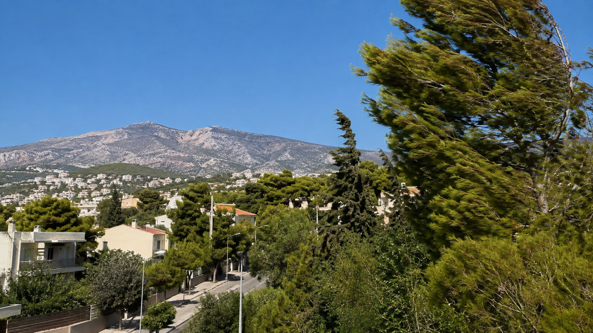 Καθαρός καλοκαιρινός ουρανός πάνω από τα βόρεια προάστια και την Πεντέλη με δέντρα να λυγίζουν στον βοριά
