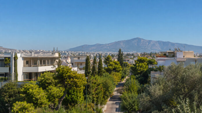 Ηλιόλουστη πανοραμική θέα των καταπράσινων βορείων προαστίων της Αττικής με την Πεντέλη στο βάθος