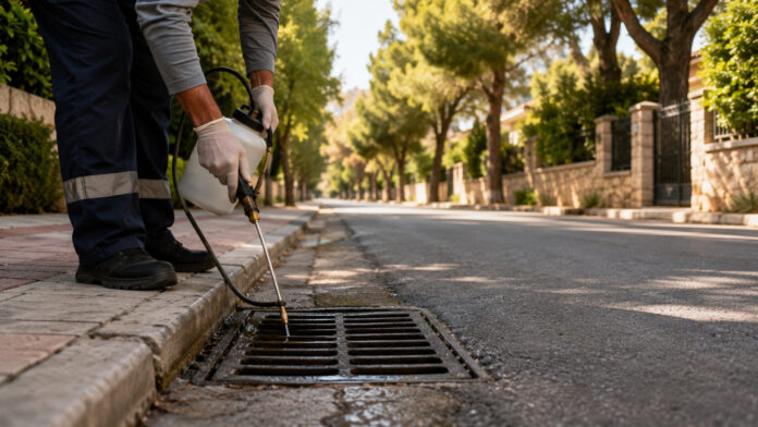 Εργαζόμενος εφαρμόζει προνυμφοκτονία σε φρεάτιο δρόμου στην Κηφισιά