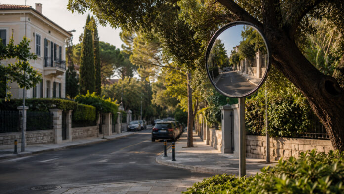 Παραβολικός καθρέπτης κυκλοφορίας σε διασταύρωση κατοικημένης περιοχής της Κηφισιάς