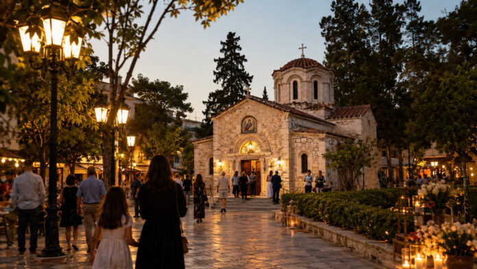Ορθόδοξο παρεκκλήσιο σε καταπράσινη πλατεία της Κηφισιάς το σούρουπο