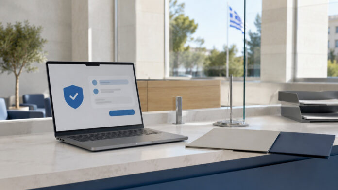 Σύγχρονος χώρος δημοτικής εξυπηρέτησης με φορητό υπολογιστή και φακέλους εγγράφων