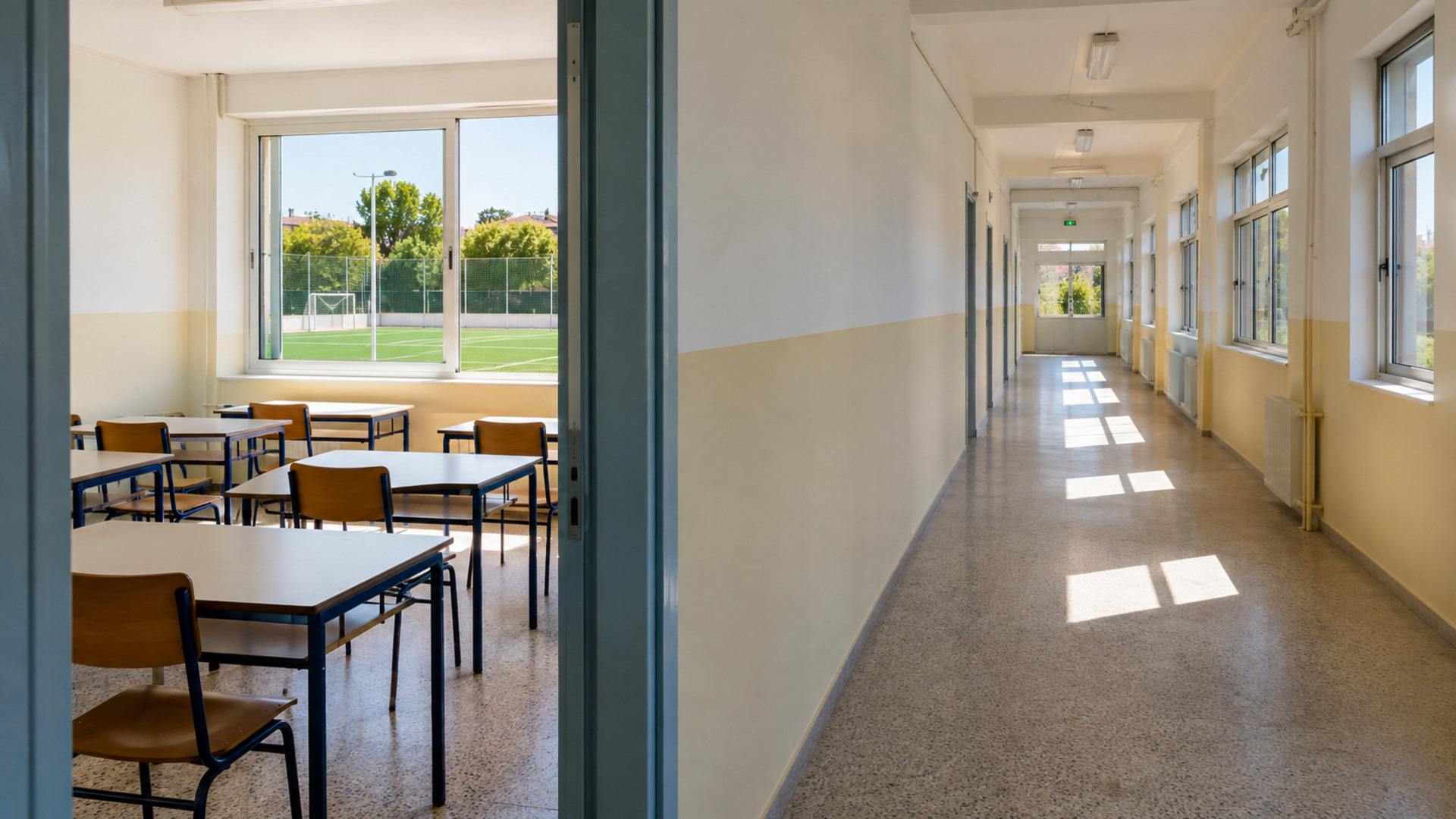 Αναβαθμισμένος σχολικός διάδρομος και αίθουσα με γήπεδο στο βάθος