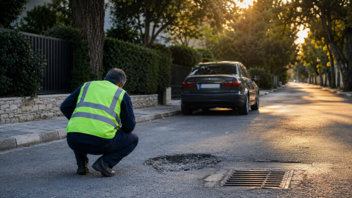 Δημοτικός τεχνικός ελέγχει λακκούβα και εσχάρα ομβρίων σε αστικό δρόμο