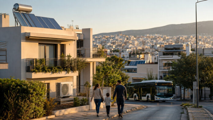Κατοικίες ενεργειακής αναβάθμισης και ηλεκτρικό λεωφορείο σε αστικό τοπίο της Αττικής
