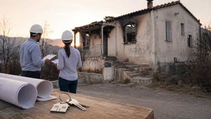 Μηχανικοί πραγματοποιούν αυτοψία σε κατοικία που έχει υποστεί ζημιές από πυρκαγιά