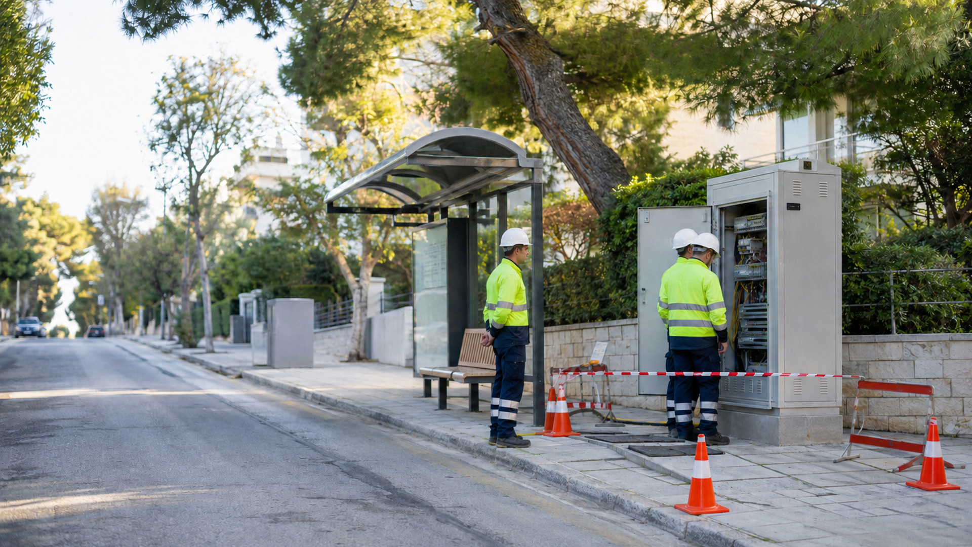 Συνεργείο ελέγχει ηλεκτρικό πίνακα δίπλα σε στάση λεωφορείου σε δεντροφυτεμένο δρόμο