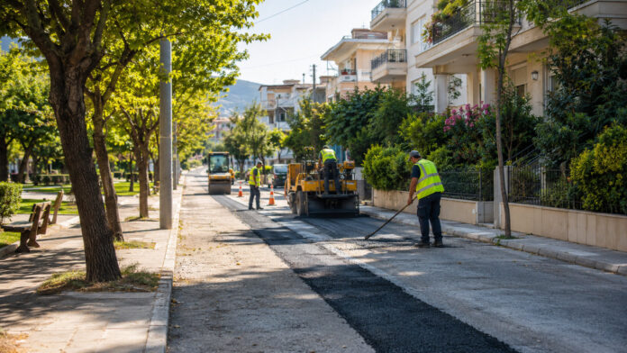 Εργασίες ασφαλτόστρωσης πάνω από τομές δικτύου σε δρόμο κατοικίας