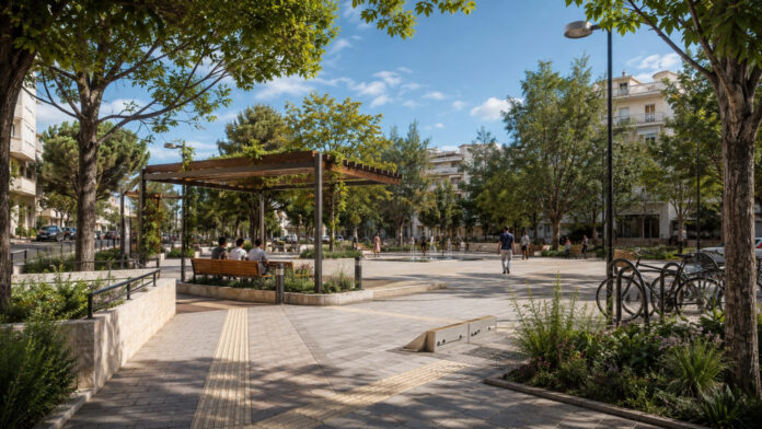 Πράσινη προσβάσιμη πλατεία με πέργκολα, καθιστικά και διαδρομές πεζών