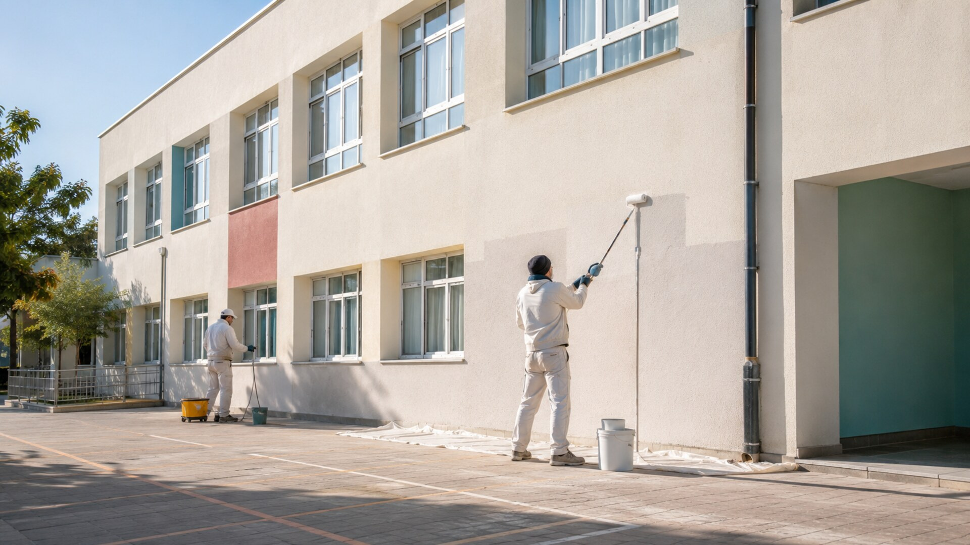 Συνεργείο συντηρεί καθαρό εξωτερικό τοίχο σχολικού κτιρίου
