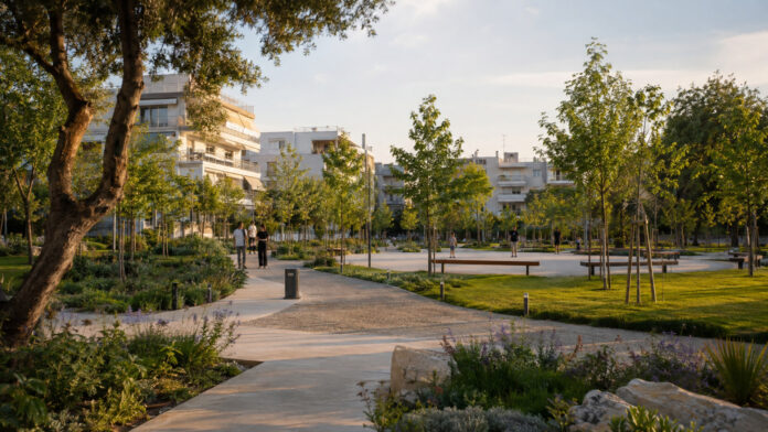 Πράσινη γειτονική πλατεία με πεζόδρομους, δέντρα και χώρους συνάντησης