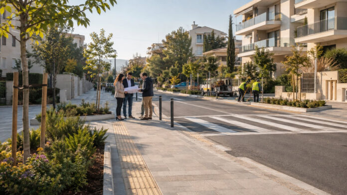 Αναβαθμισμένο πεζοδρόμιο με νέα φύτευση και ασφαλή διάβαση σε αστική γειτονιά