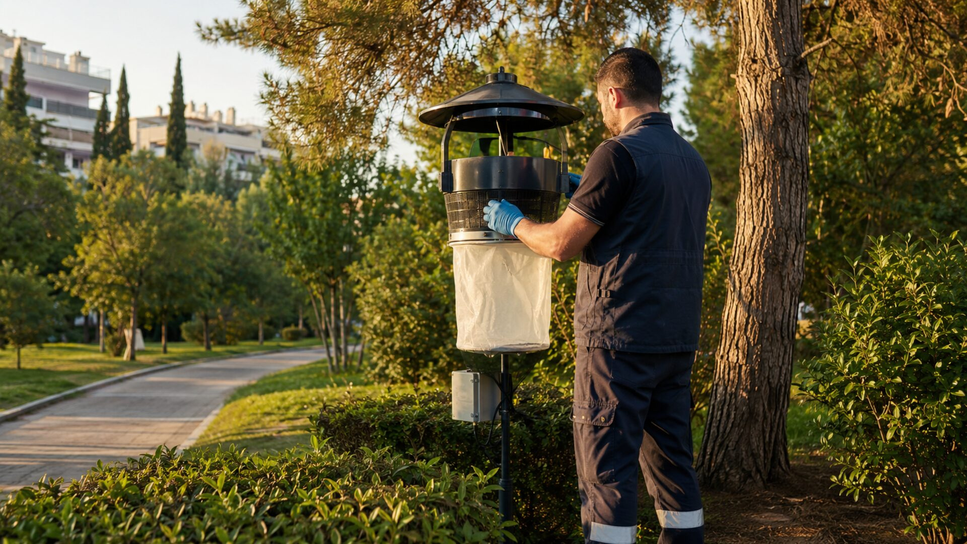 Editorial απεικόνιση ελέγχου παγίδας εντομολογικής επιτήρησης σε χώρο πρασίνου στο Μαρούσι