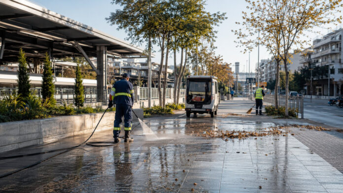 Συνεργείο καθαριότητας πλένει κοινόχρηστο χώρο κοντά σε σταθμό προαστιακού
