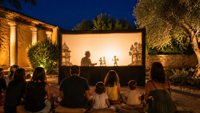 Υπαίθρια παράσταση θεάτρου σκιών σε φωτισμένη αυλή με οικογένειες
