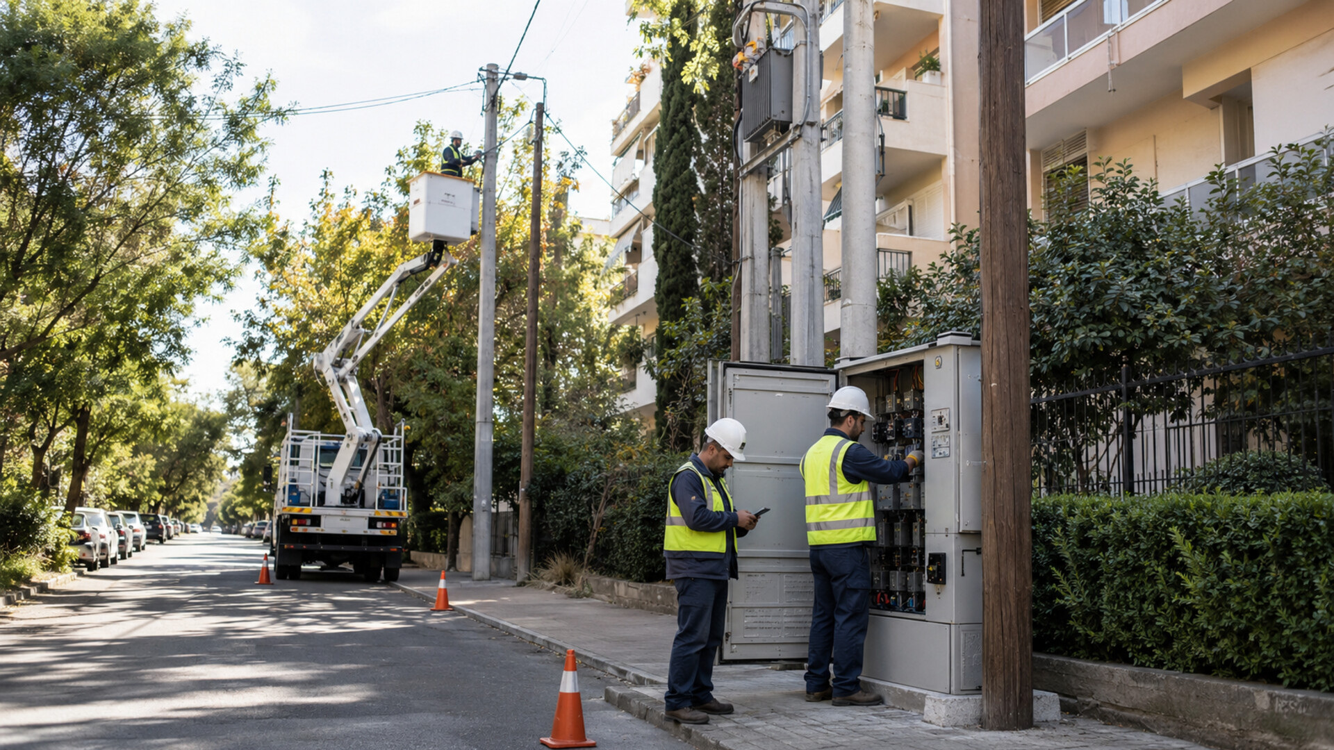 Συνεργείο ηλεκτρικού δικτύου σε οικιστικό δρόμο του Αμαρουσίου