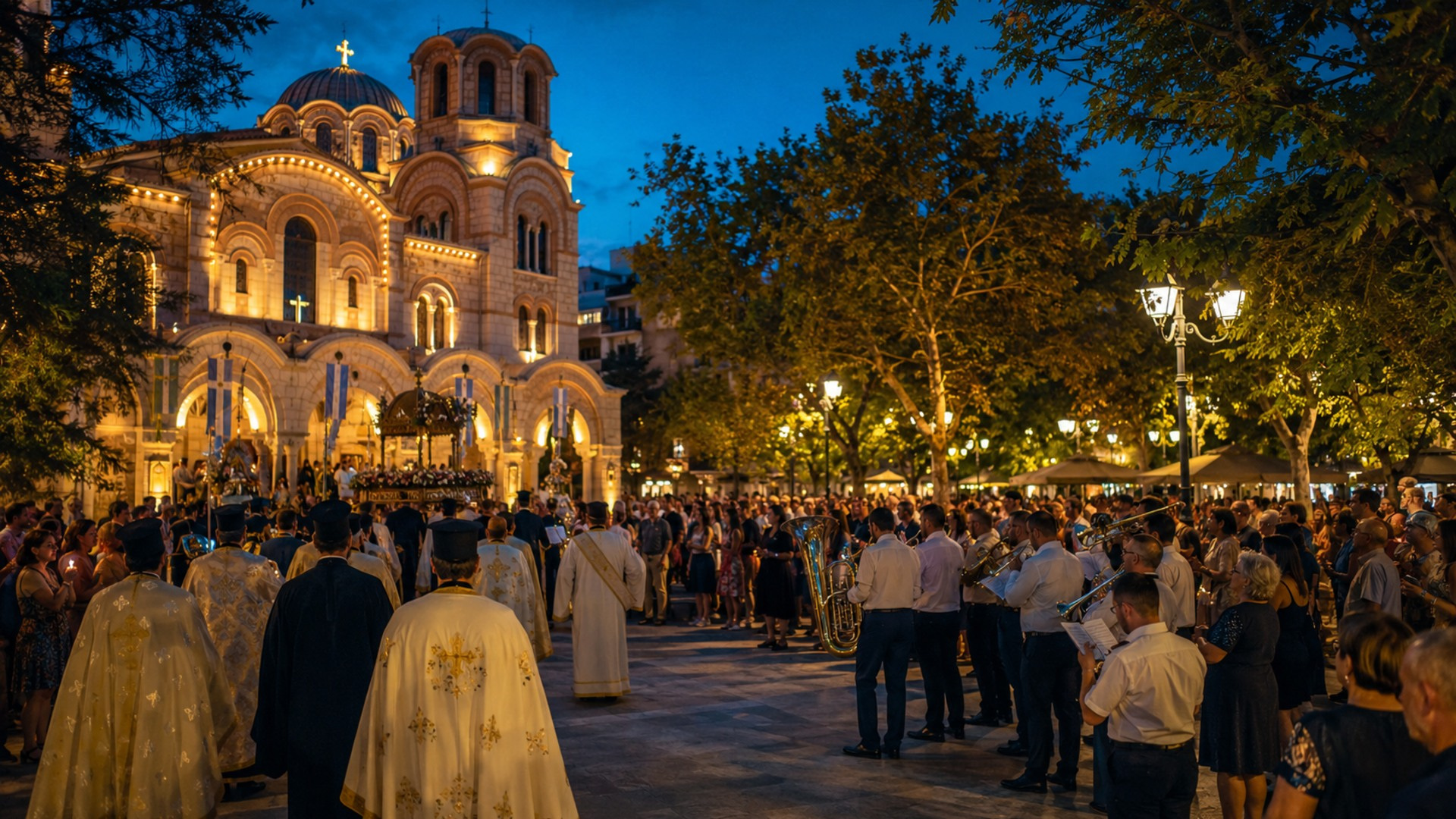 Βραδινή θρησκευτική πομπή και φιλαρμονική σε αστική πλατεία