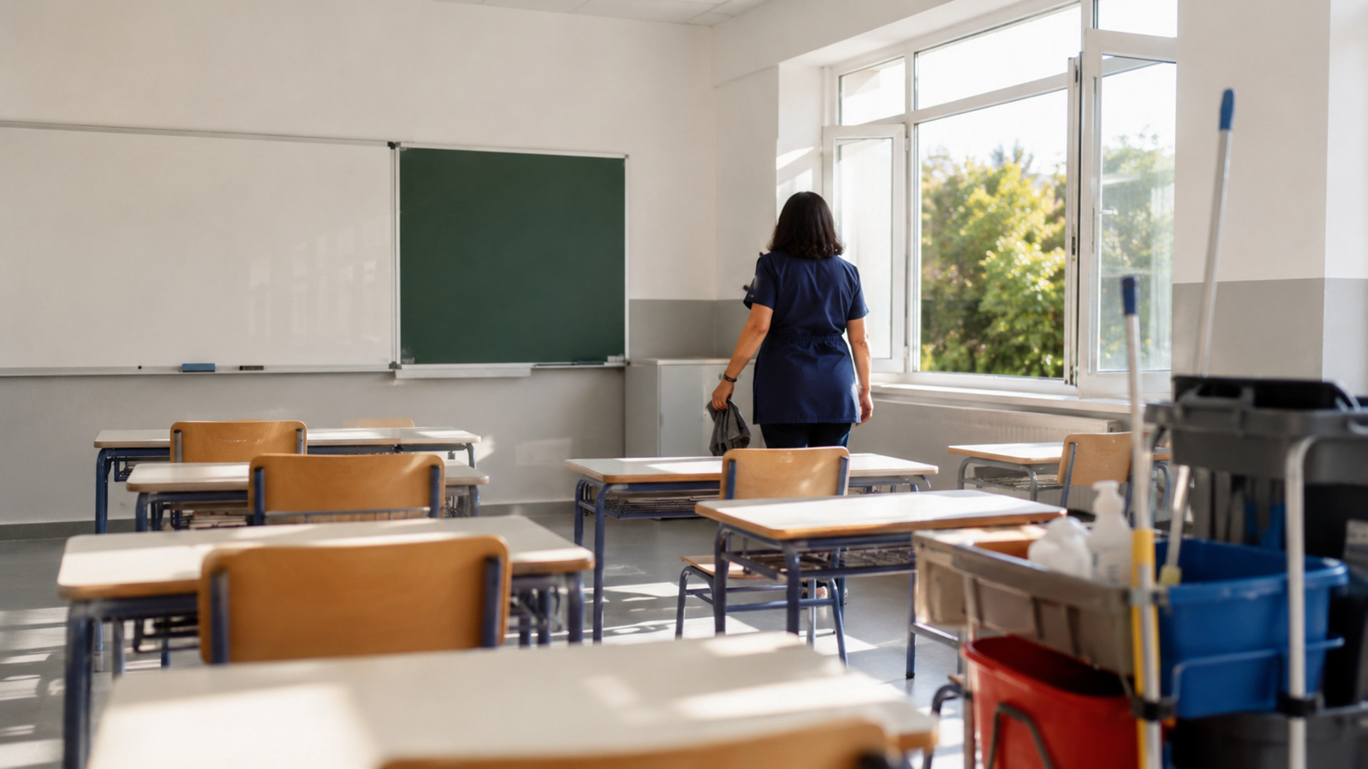 Καθαρή σχολική αίθουσα και εξοπλισμός συνεργείου καθαριότητας στο Μαρούσι