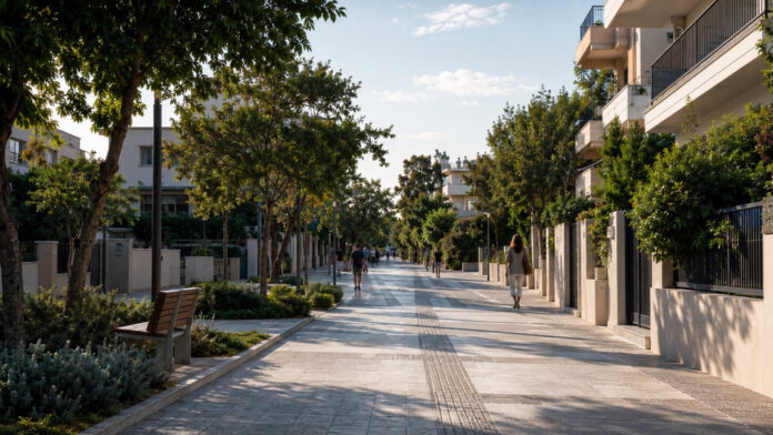 Πεζόδρομος με προσβάσιμη όδευση, πράσινο και χώρους ανάπαυσης σε αστική γειτονιά