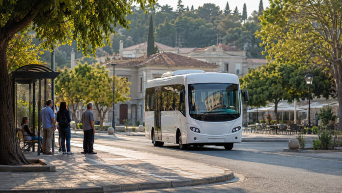 Δημοτικό λεωφορείο σε πρωινό δρομολόγιο σε πλατεία της Μεταμόρφωσης