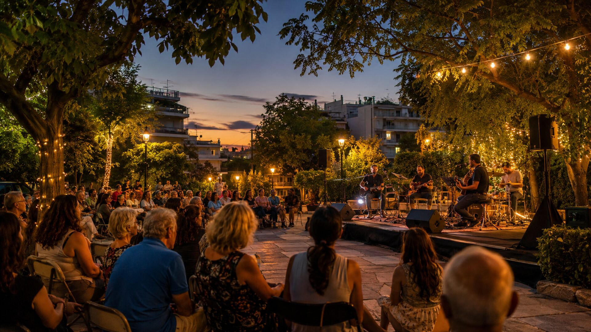 Υπαίθρια συναυλία σε καταπράσινη πλατεία της πόλης με κοινό και μουσικό σχήμα