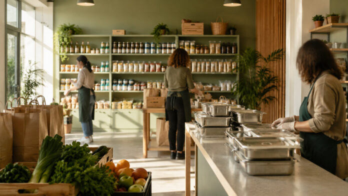 metamorfosi-koinoniko-pantopoleio-syssitio-20260815-1430-1920x1080-2 Οργανωμένος χώρος κοινωνικού παντοπωλείου με τρόφιμα, σακούλες διανομής και δοχεία γευμάτων