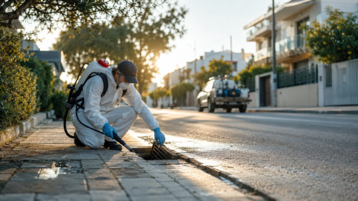 Εργαζόμενος δημόσιας υγείας πραγματοποιεί εφαρμογή καταπολέμησης κουνουπιών σε φρεάτιο