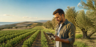 myAGRO: Άνοιξε η Ενιαία Αίτηση Ενίσχυσης 2026 – Οι προθεσμίες Παραγωγός χρησιμοποιεί tablet σε καλλιεργήσιμη έκταση