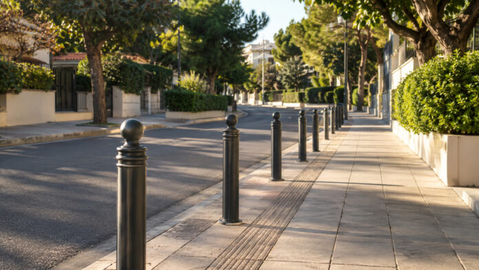 Προστατευτικά μεταλλικά εμπόδια κατά μήκος πλατιού πεζοδρομίου σε καταπράσινο αστικό δρόμο