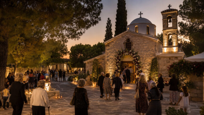 Πιστοί προσέρχονται σε ορθόδοξο ναό για βραδινή πανήγυρη σε καταπράσινη γειτονιά