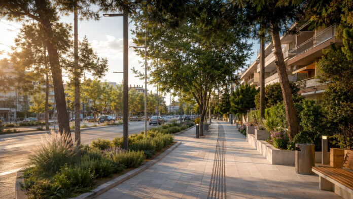 Αναβαθμισμένος αστικός δρόμος με προσβάσιμο πεζοδρόμιο, πράσινο και σύγχρονο φωτισμό