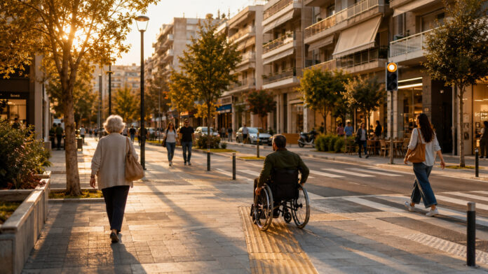 Σύγχρονος προσβάσιμος εμπορικός δρόμος με φαρδιά πεζοδρόμια, όδευση τυφλών και ράμπες