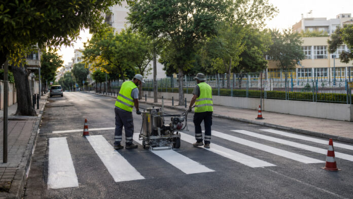 Συνεργείο ανανεώνει τη λευκή σήμανση σε διάβαση πεζών κοντά σε σχολείο