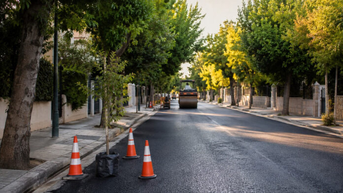 nea-ionia-kalvou-ergasies-20260828-1900-1920x1080-1 Φρεσκοστρωμένος δρόμος με εργασίες οδοποιίας και νέο δέντρο σε αστική γειτονιά