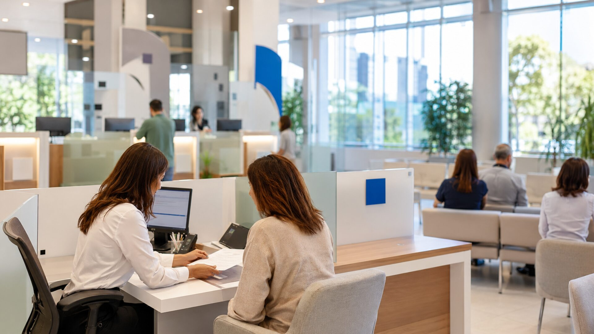 Υπάλληλος εξυπηρετεί πολίτη σε φωτεινό και οργανωμένο Κέντρο Εξυπηρέτησης Πολιτών
