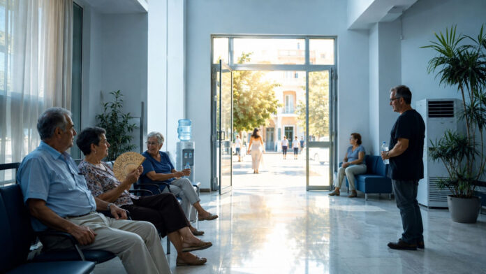 Πολίτες ξεκουράζονται σε δροσερό κλιματιζόμενο δημοτικό χώρο κατά τη διάρκεια υψηλών θερμοκρασιών
