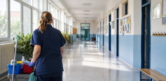 Νέα Ιωνία: Αναρτήθηκαν τα οριστικά αποτελέσματα για την καθαριότητα των σχολείων Εργαζόμενη καθαριότητας σε φωτεινό διάδρομο σχολικής μονάδας