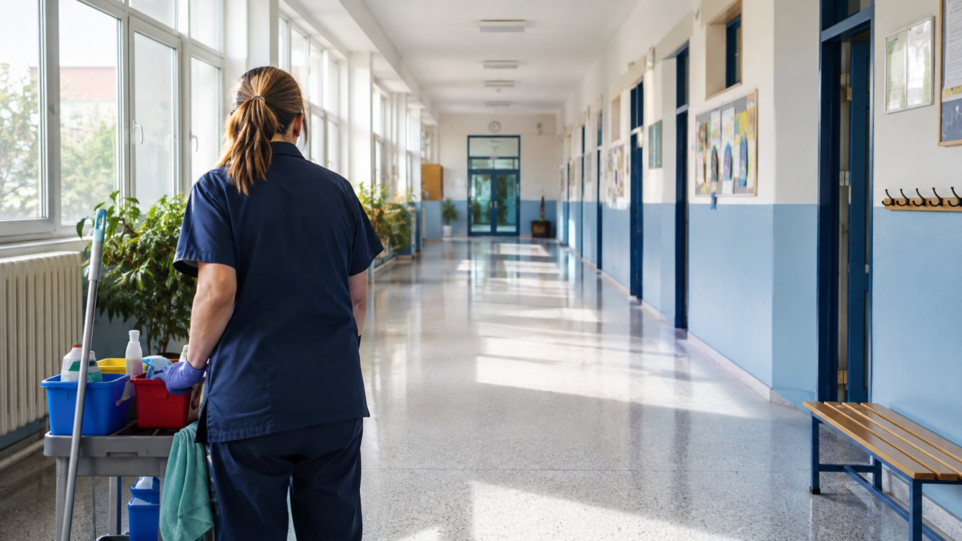 Εργαζόμενη καθαριότητας σε φωτεινό διάδρομο σχολικής μονάδας