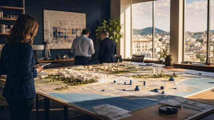 Στελέχη εξετάζουν αστικό σχέδιο και μακέτα πόλης σε χώρο σχεδιασμού
