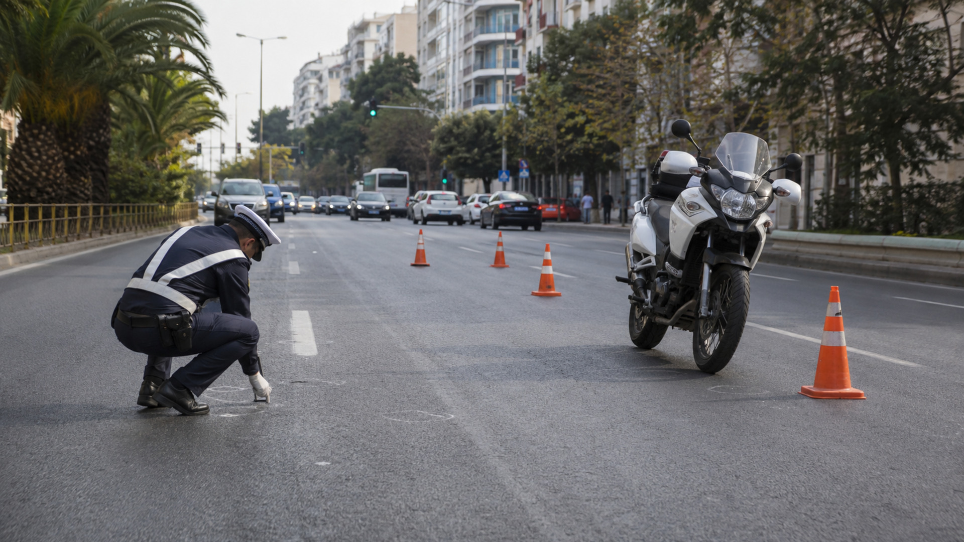 Τροχονόμος εξετάζει σημάδια στο οδόστρωμα δίπλα σε υπηρεσιακή μοτοσικλέτα και κώνους