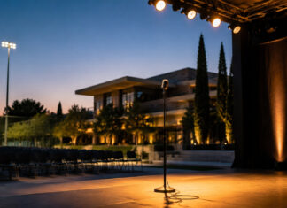 Νέο Ψυχικό: Stand-up Comedy Night με πέντε κωμικούς στις 6 Σεπτεμβρίου Σκηνή υπαίθριας stand-up comedy με μικρόφωνο στο Νέο Ψυχικό