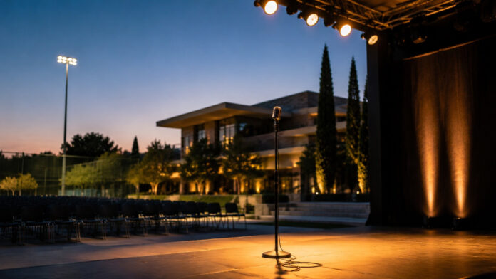 Σκηνή υπαίθριας stand-up comedy με μικρόφωνο στο Νέο Ψυχικό