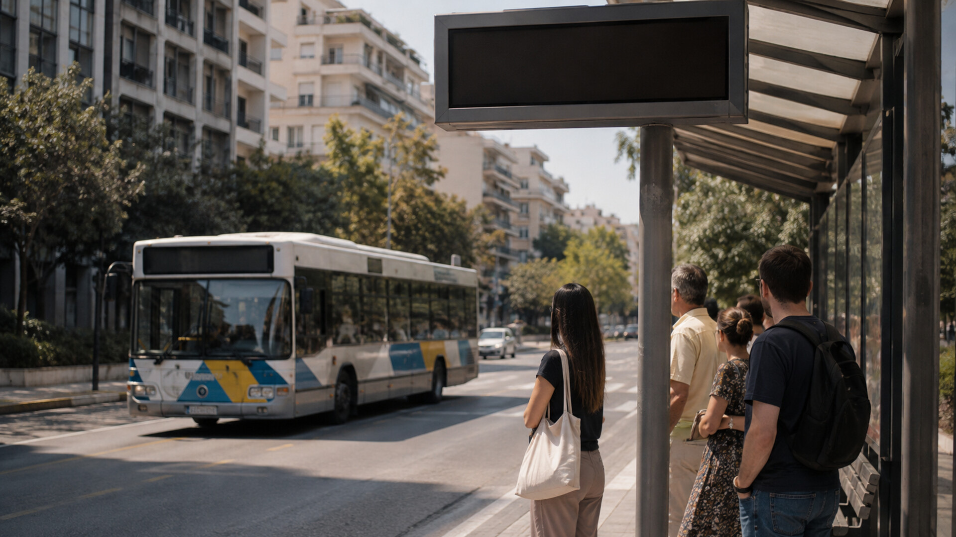 Ανενεργή ηλεκτρονική πινακίδα άφιξης σε στάση λεωφορείου με κανονική κυκλοφορία