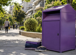 Παπάγου–Χολαργός: Δέκα νέα σημεία με μωβ κάδους ανακύκλωσης Μωβ κάδος συλλογής ρούχων και υποδημάτων σε καθαρό πεζοδρόμιο γειτονιάς