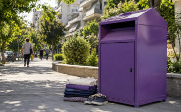 Παπάγου–Χολαργός: Δέκα νέα σημεία με μωβ κάδους ανακύκλωσης Μωβ κάδος συλλογής ρούχων και υποδημάτων σε καθαρό πεζοδρόμιο γειτονιάς
