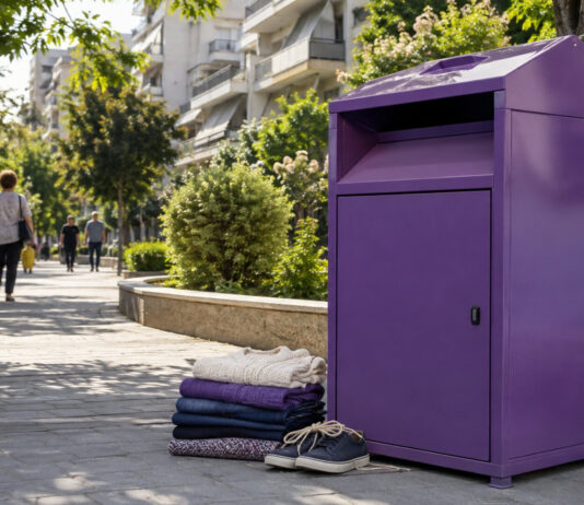 Παπάγου–Χολαργός: Δέκα νέα σημεία με μωβ κάδους ανακύκλωσης Μωβ κάδος συλλογής ρούχων και υποδημάτων σε καθαρό πεζοδρόμιο γειτονιάς