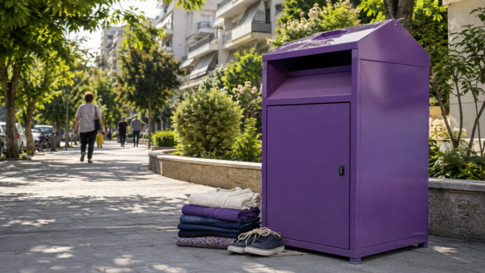 Μωβ κάδος συλλογής ρούχων και υποδημάτων σε καθαρό πεζοδρόμιο γειτονιάς
